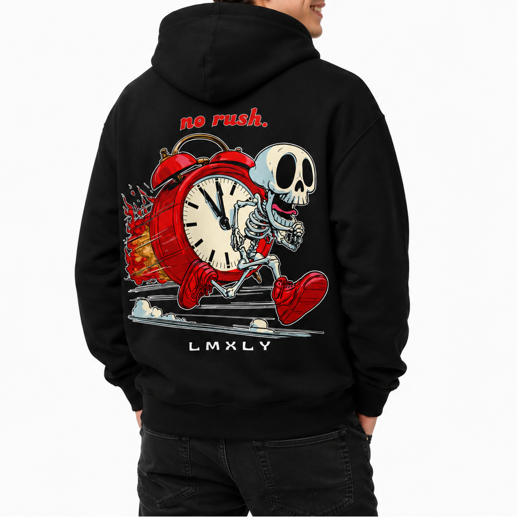 A man wearing a black hoodie, shown from the back. The hoodie features a large graphic print of a skeleton running with a red alarm clock and the text 'no rush'.