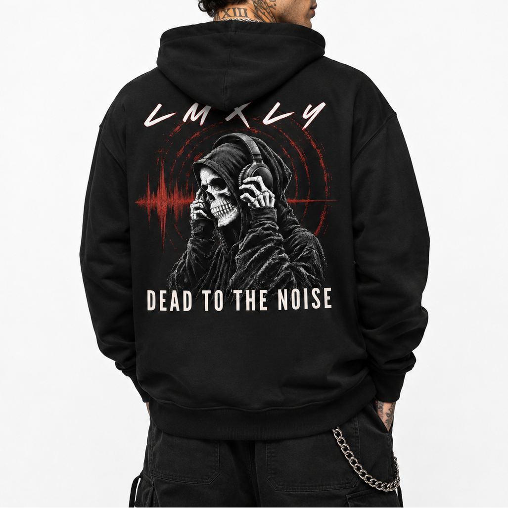 A man wearing a black hoodie from the back, featuring a graphic print of a grim reaper skeleton wearing headphones over a red sound-wave, with the text 'LMXLY' and 'DEAD TO THE NOISE'.