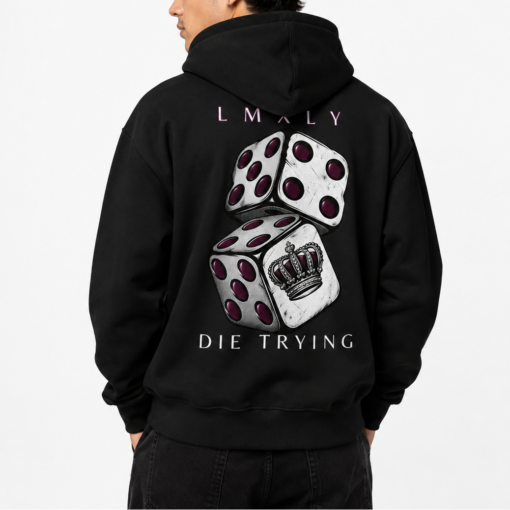 A man wearing a black hoodie from the back, featuring a graphic of three white dice with purple dots and a crown, with the text 'LMXLY' above and 'DIE TRYING' below.