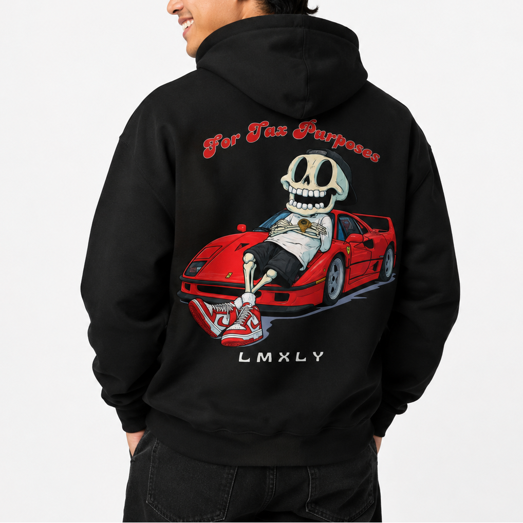 A man wearing a black hoodie from the back, featuring a graphic of a skeleton sitting in a red sports car with the text 'For Tax Purposes' above and 'LMXLY' below.