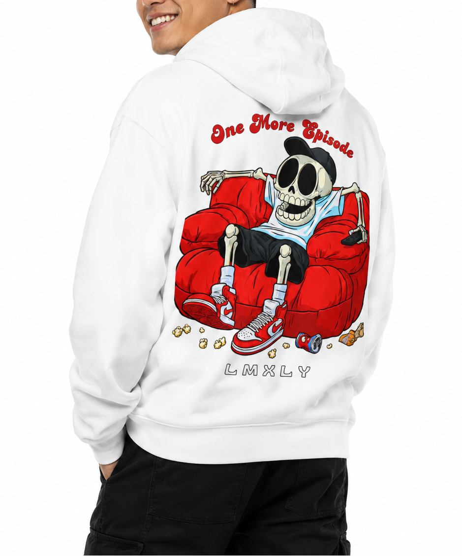 A man wearing a white hoodie with a large graphic print on the back, shown from behind against a plain white background.