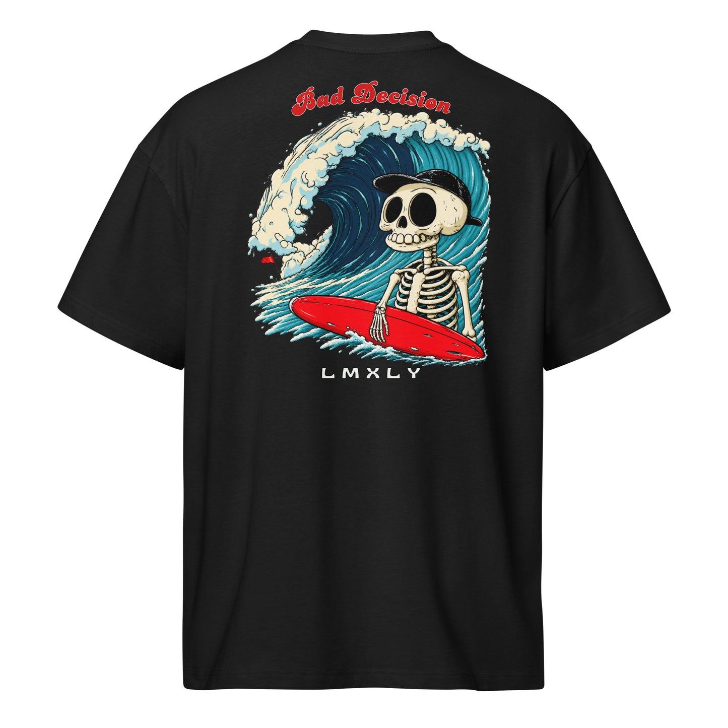 LMXLY Bad Decision black oversized T-shirt with red flag chest graphic and skeleton surfing back print