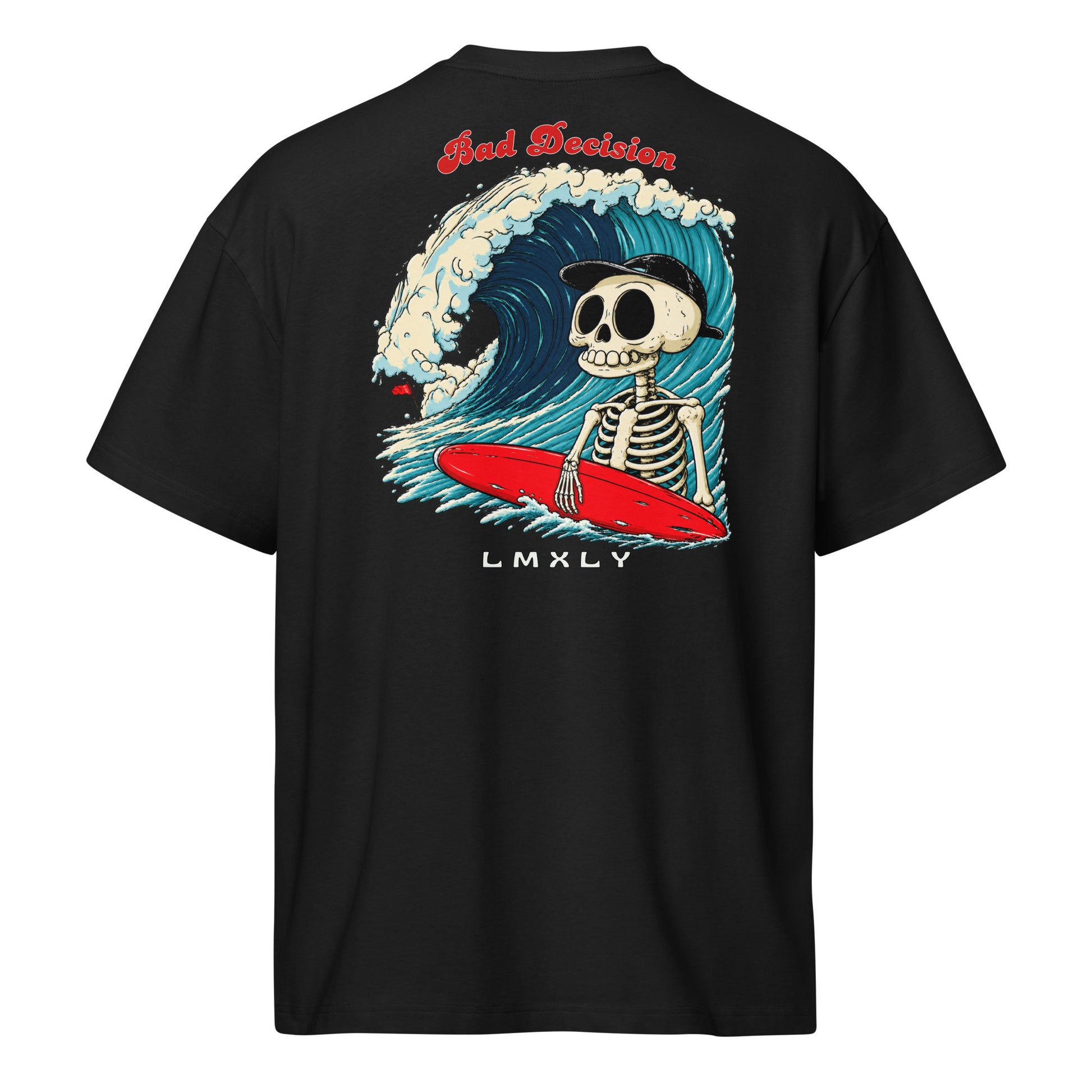 LMXLY Bad Decision black oversized T-shirt with red flag chest graphic and skeleton surfing back print
